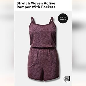 Stretch Woven Active Romper With Pockets, plus size 2x, leopard print